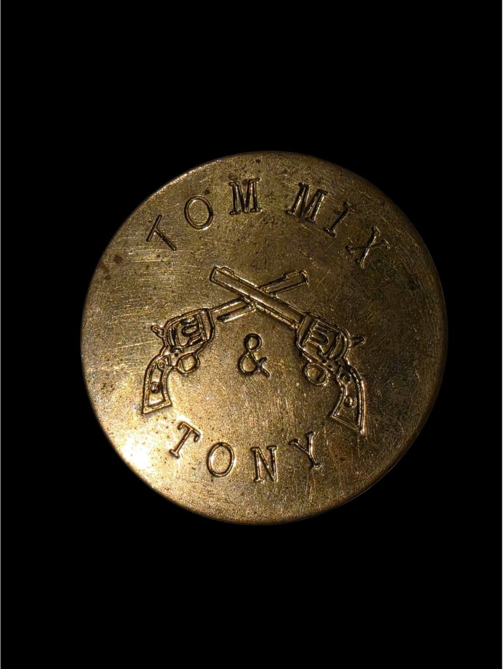 Vintage Tom Mix & Tony Brass Badge Pin Crossed Six Shooters